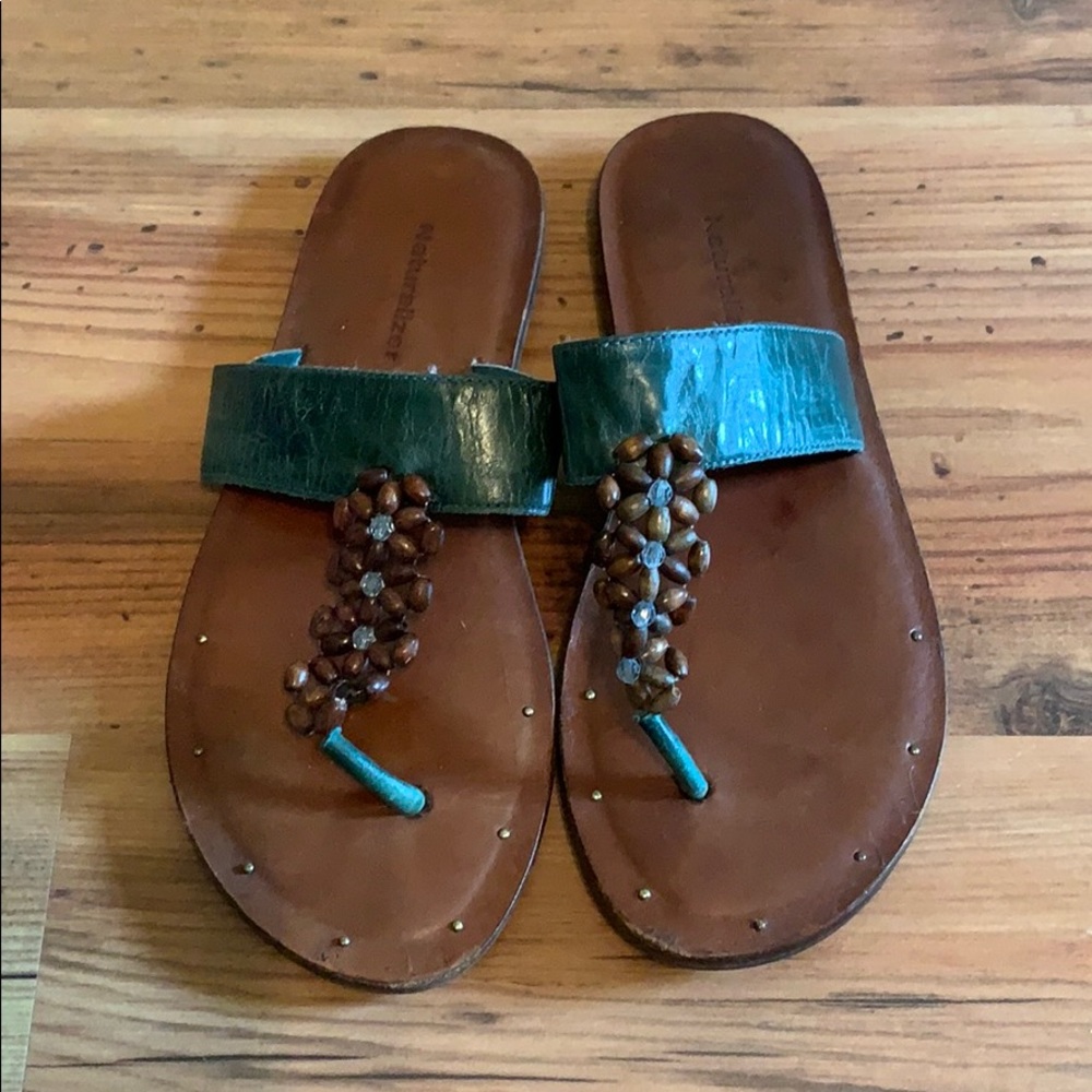 Wood beaded leather thong sandals